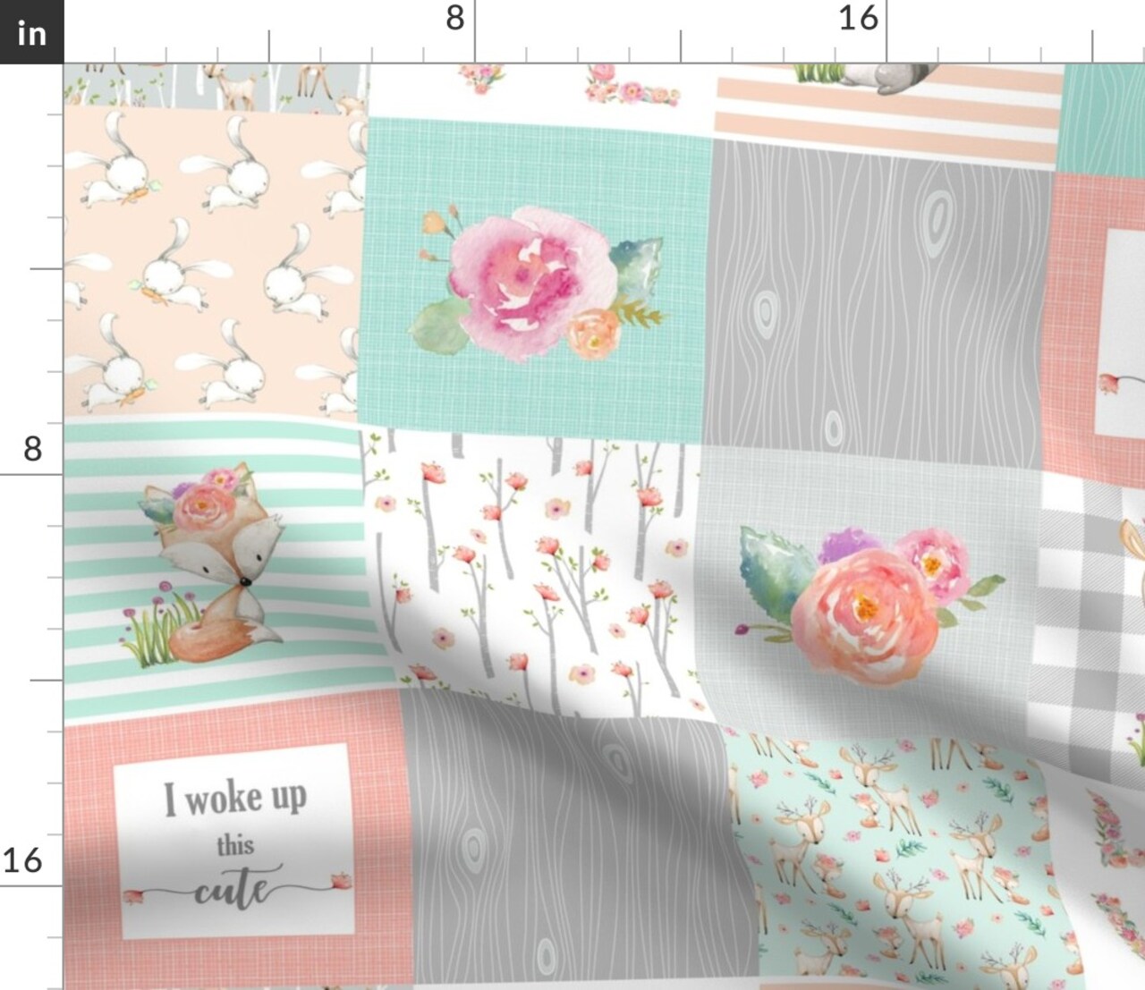 Woodland Animals Girl Quilt Top Deer Fox Raccoon Patchwork Wholecloth Gray Mint Peach Flowers Girls Custom Printed Fabric by Spoonflower Various Fabrics by the Yard or Fat Quarter